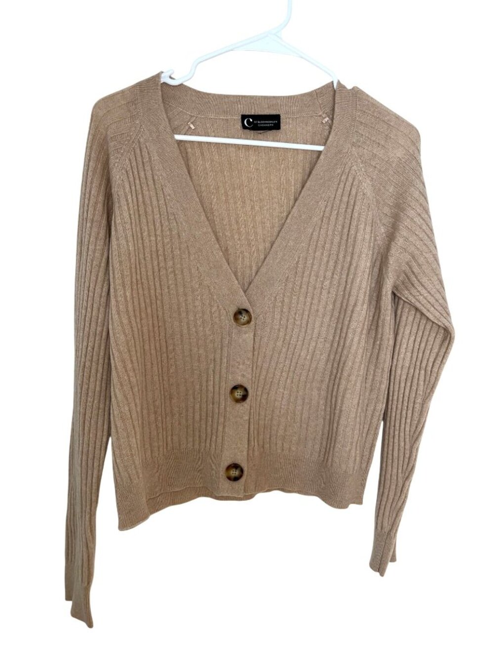 C By Bloomingdales Womens Beige Cashmere Ribbed Button-Front Cardigan Sweater XL